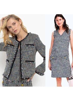 J.Crew Black Label Boucle Tweed Dress Suit Size 10 Dress 12P Blazer  Multi-Color
